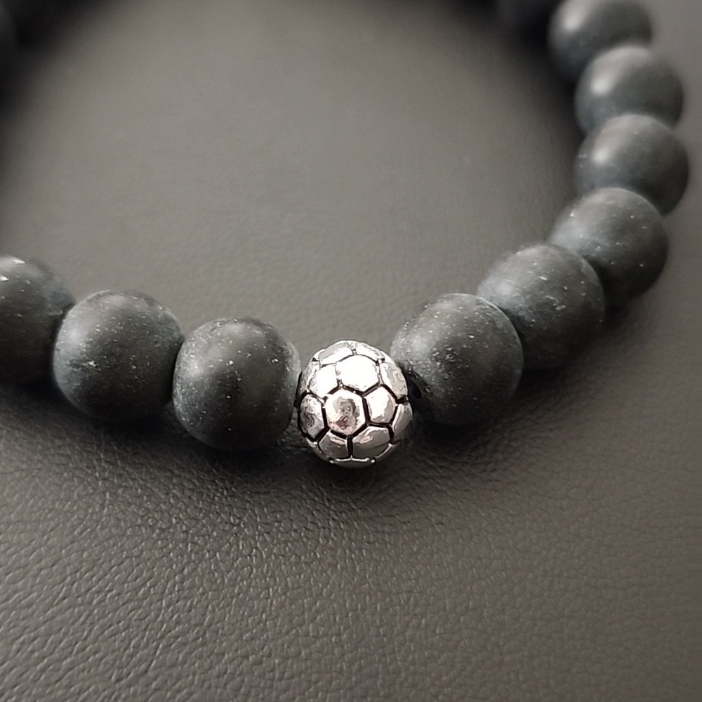 Beaded Stone Black Bracelet Frosted  SOCCER BALL - Picture 2 of 3